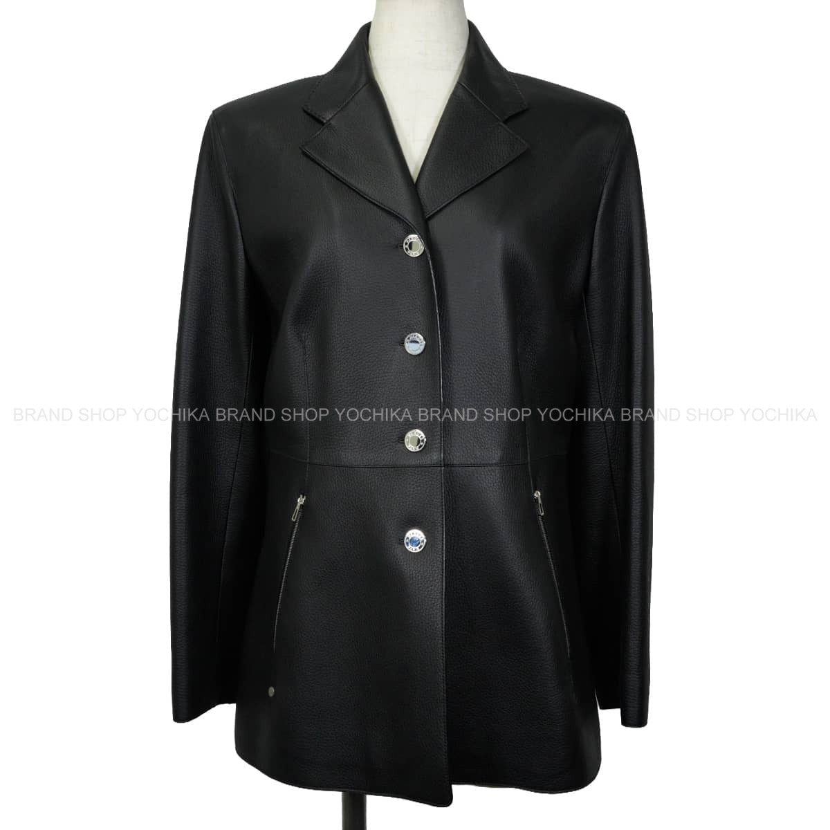 HERMES Women's Sellier Leather Jacket Button 4B Noir (Black) Washed deerskin #40 Silver HW[EXCELLENT][Authentic]