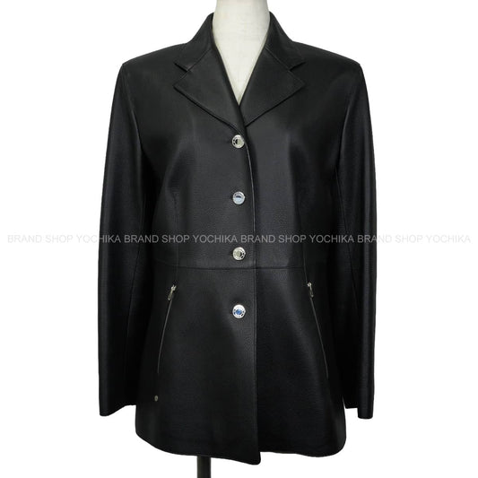 HERMES Women's Sellier Leather Jacket Button 4B Noir (Black) Washed deerskin #40 Silver HW[EXCELLENT][Authentic]