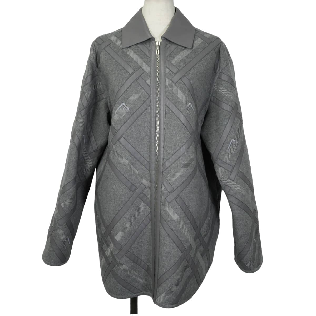 2024AW HERMES Pea coat Women's Blouson Patchwork Cartouche Belt Embroidery Grey Cashmere100%/Lambskin #38 Silver HW 4H0144DA[EXCELLENT][Authentic]