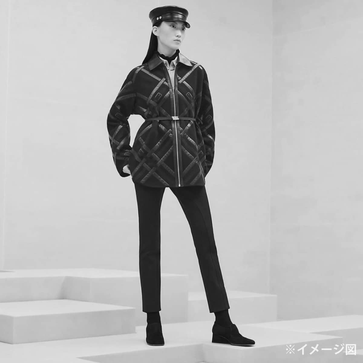2024AW HERMES Pea coat Women's Blouson Patchwork Cartouche Belt Embroidery Grey Cashmere100%/Lambskin #38 Silver HW 4H0144DA[EXCELLENT][Authentic]