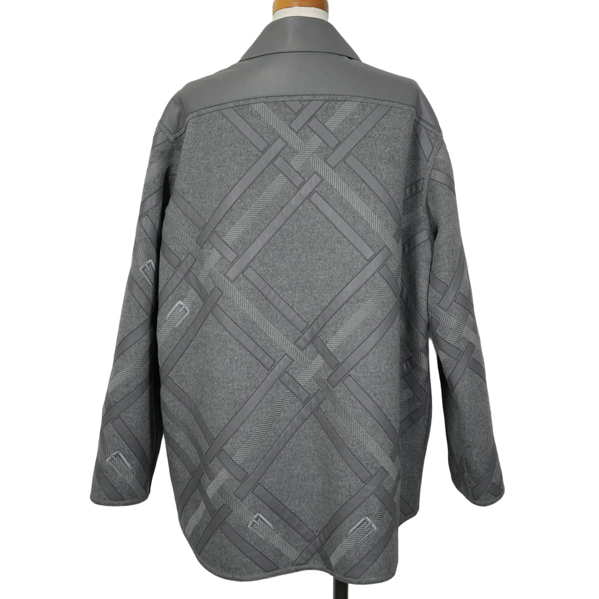 2024AW HERMES Pea coat Women's Blouson Patchwork Cartouche Belt Embroidery Grey Cashmere100%/Lambskin #38 Silver HW 4H0144DA[EXCELLENT][Authentic]