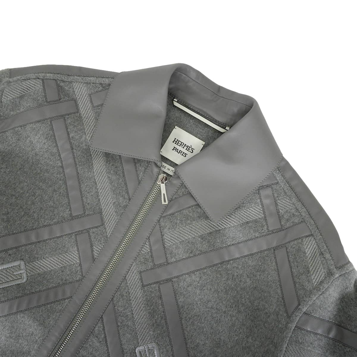 2024AW HERMES Pea coat Women's Blouson Patchwork Cartouche Belt Embroidery Grey Cashmere100%/Lambskin #38 Silver HW 4H0144DA[EXCELLENT][Authentic]