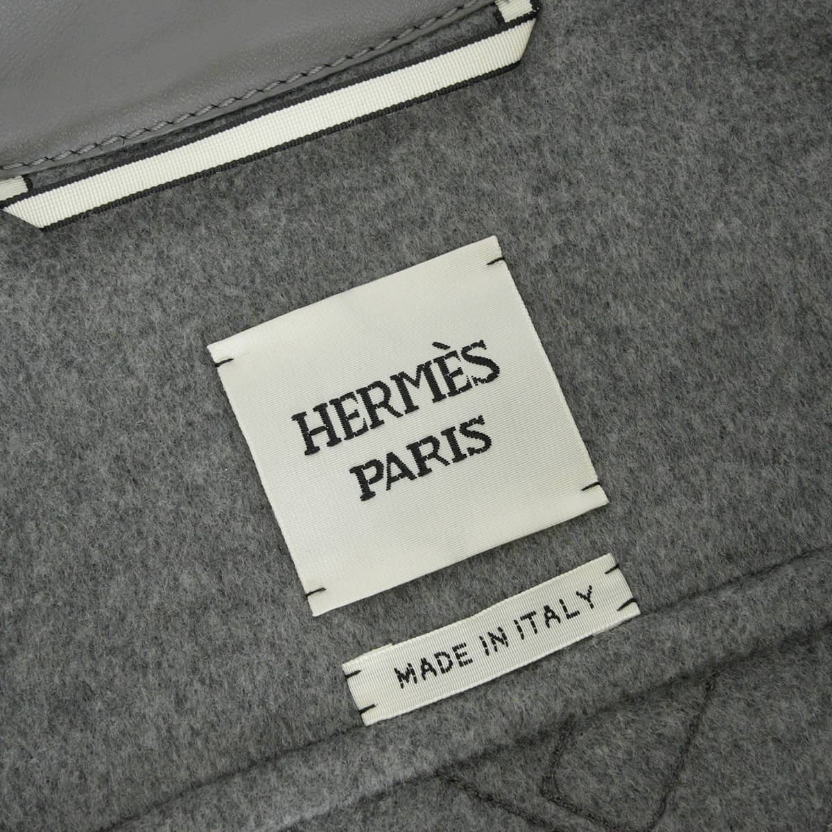 2024AW HERMES Pea coat Women's Blouson Patchwork Cartouche Belt Embroidery Grey Cashmere100%/Lambskin #38 Silver HW 4H0144DA[EXCELLENT][Authentic]