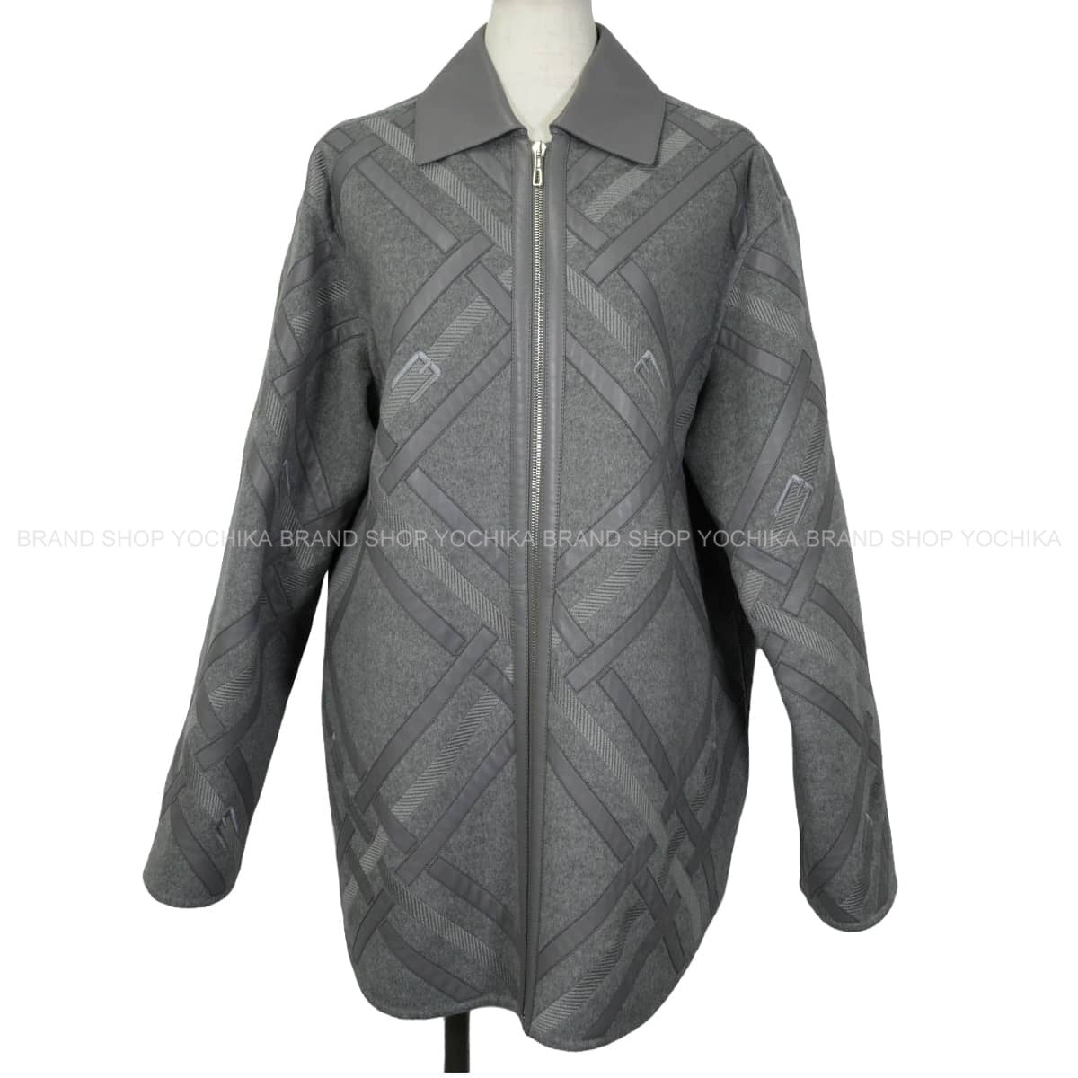 2024AW HERMES Pea coat Women's Blouson Patchwork Cartouche Belt Embroidery Grey Cashmere100%/Lambskin #38 Silver HW 4H0144DA[EXCELLENT][Authentic]