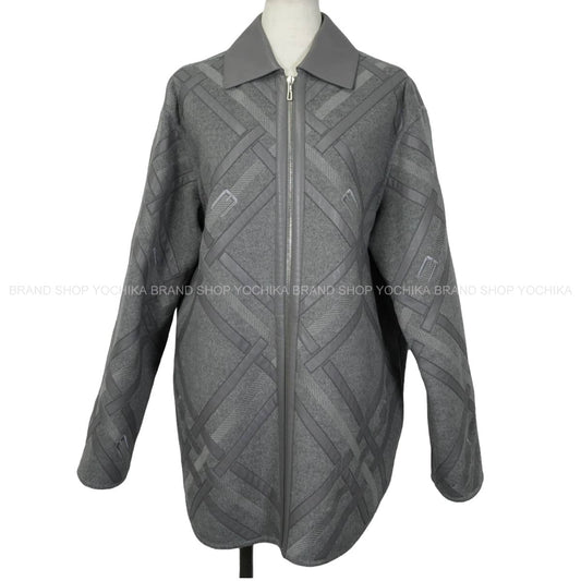 2024AW HERMES Pea coat Women's Blouson Patchwork Cartouche Belt Embroidery Grey Cashmere100%/Lambskin #38 Silver HW 4H0144DA[EXCELLENT][Authentic]