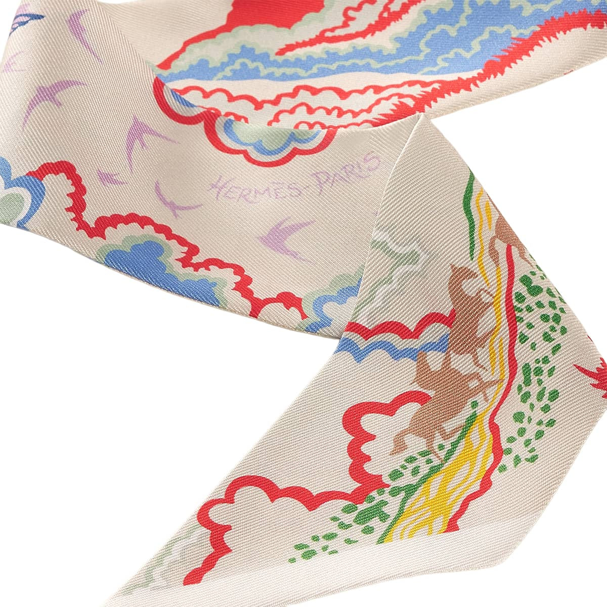 HERMES scarf Twilly Rewilding NatureGreige/Rouge/Vert Amande Silk100%[BRAND NEW][Authentic]