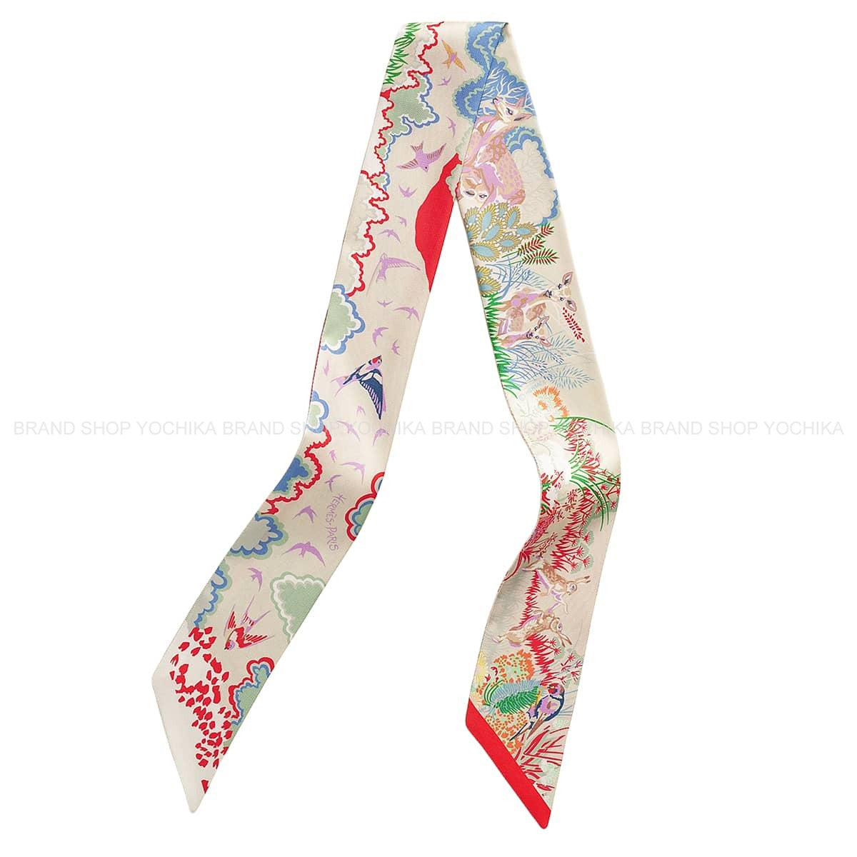 HERMES scarf Twilly Rewilding NatureGreige/Rouge/Vert Amande Silk100%[BRAND NEW][Authentic]
