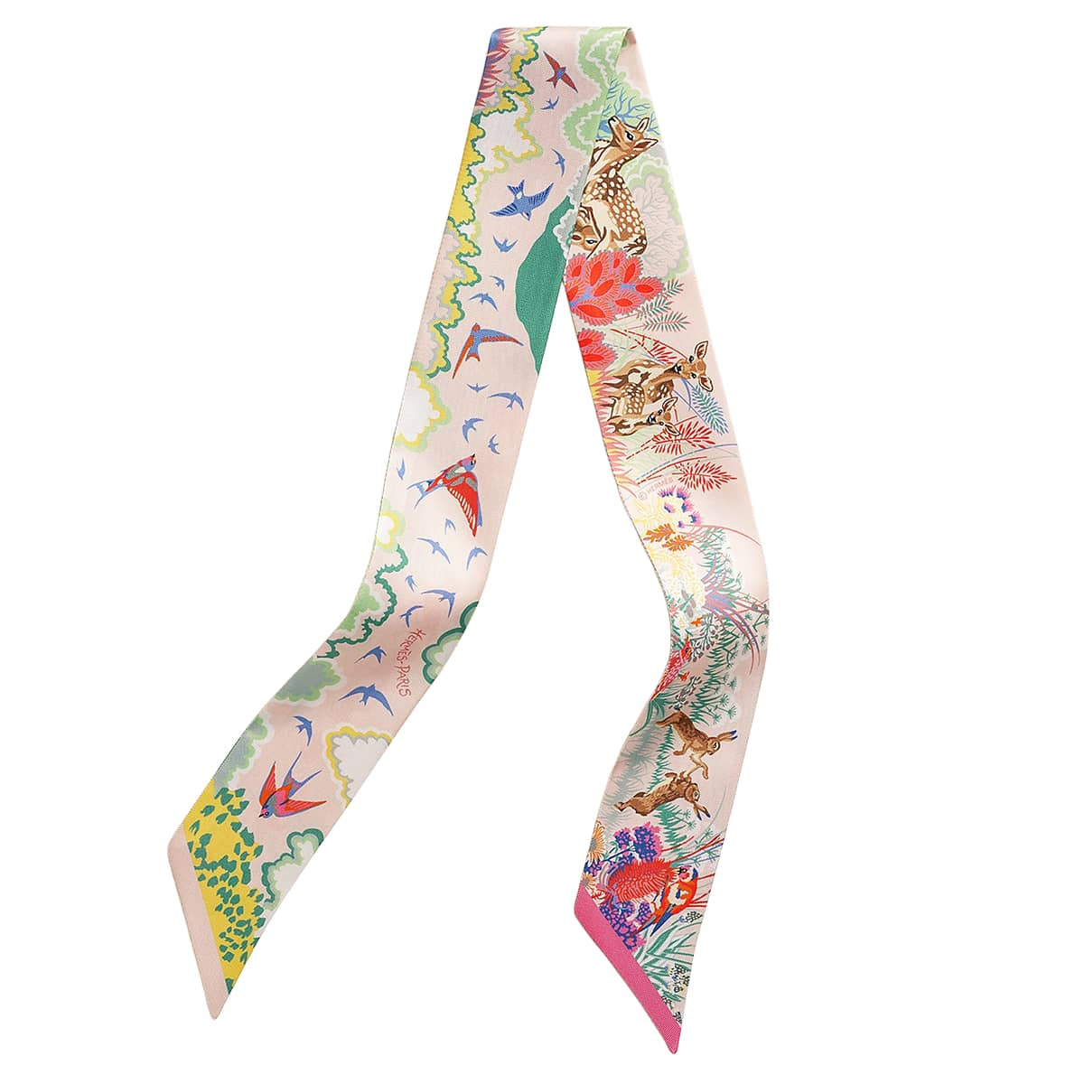 HERMES scarf Twilly Rewilding NatureRose Nacré/Vert/Jaune Silk100%[BRAND NEW][Authentic]