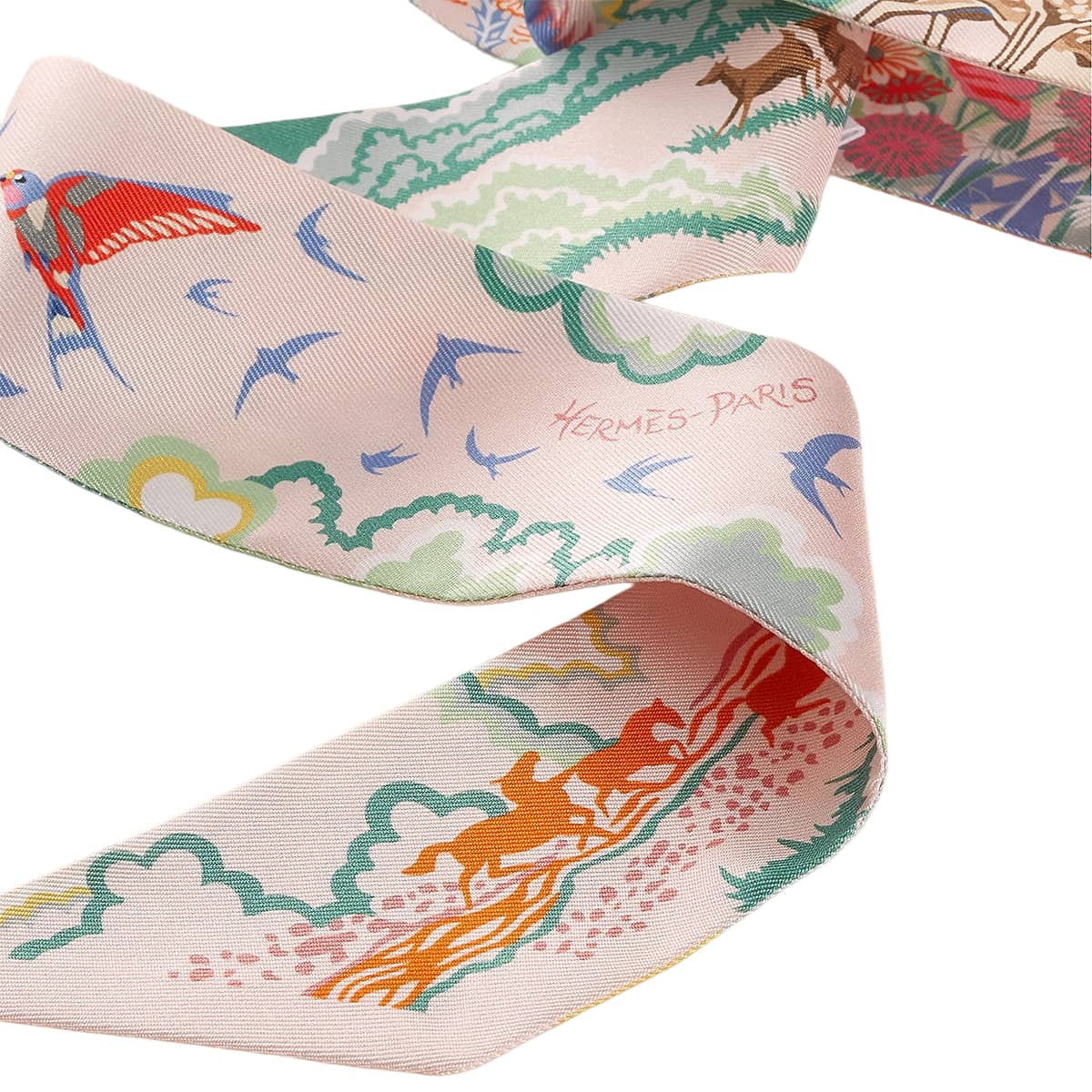 HERMES scarf Twilly Rewilding NatureRose Nacré/Vert/Jaune Silk100%[BRAND NEW][Authentic]
