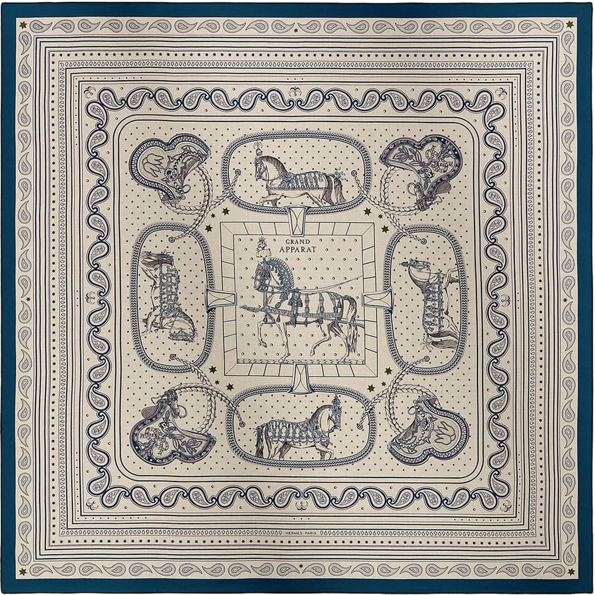 2026AW New HERMES scarf Carre 140 Gran Apparat BandanaBlue Petrol/Natural/Black Cashmere/Silk100%[BRAND NEW][Authentic]