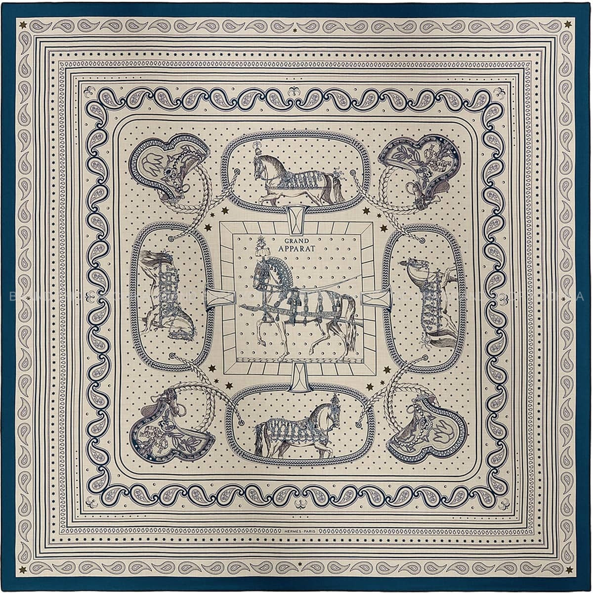 2026AW New HERMES scarf Carre 140 Gran Apparat BandanaBlue Petrol/Natural/Black Cashmere/Silk100%[BRAND NEW][Authentic]