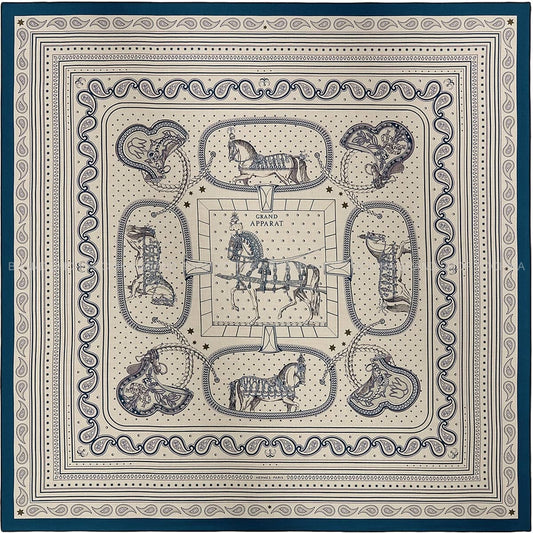2026AW New HERMES scarf Carre 140 Gran Apparat BandanaBlue Petrol/Natural/Black Cashmere/Silk100%[BRAND NEW][Authentic]
