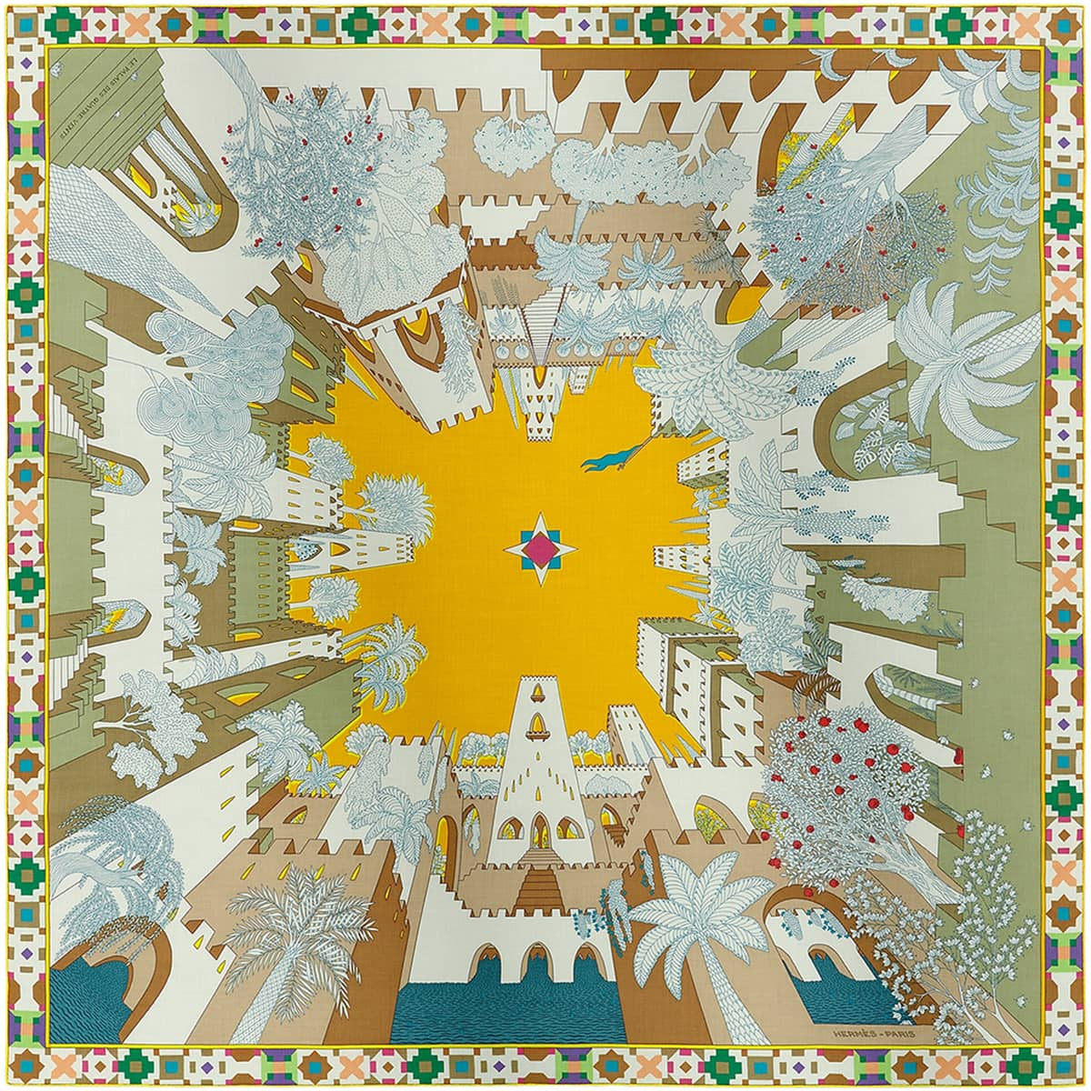 2026SS HERMES scarf Carre 140 Le Palais des Quatre VentsJeune Vif / White / Multicolor Cashmere/Silk100%[BRAND NEW][Authentic]