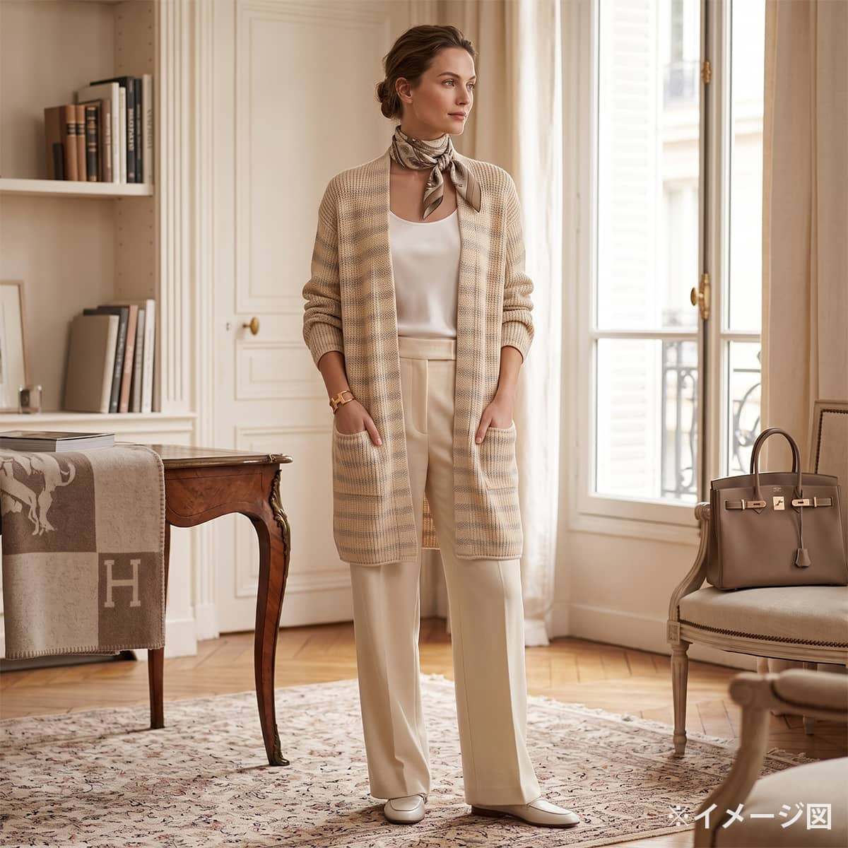 [Pre-loved] 2000SS HERMES Knit Women's chunky cardigan, Margiela era, striped pockets Ivory/Grey Silk100%/Nylon #M[LIKE NEW][Authentic]