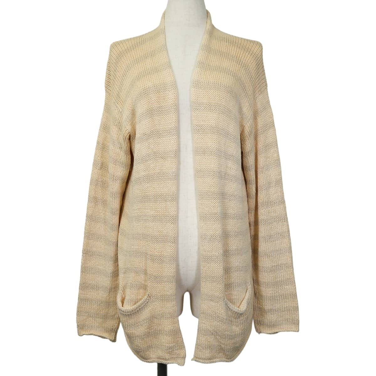 [Pre-loved] 2000SS HERMES Knit Women's chunky cardigan, Margiela era, striped pockets Ivory/Grey Silk100%/Nylon #M[LIKE NEW][Authentic]