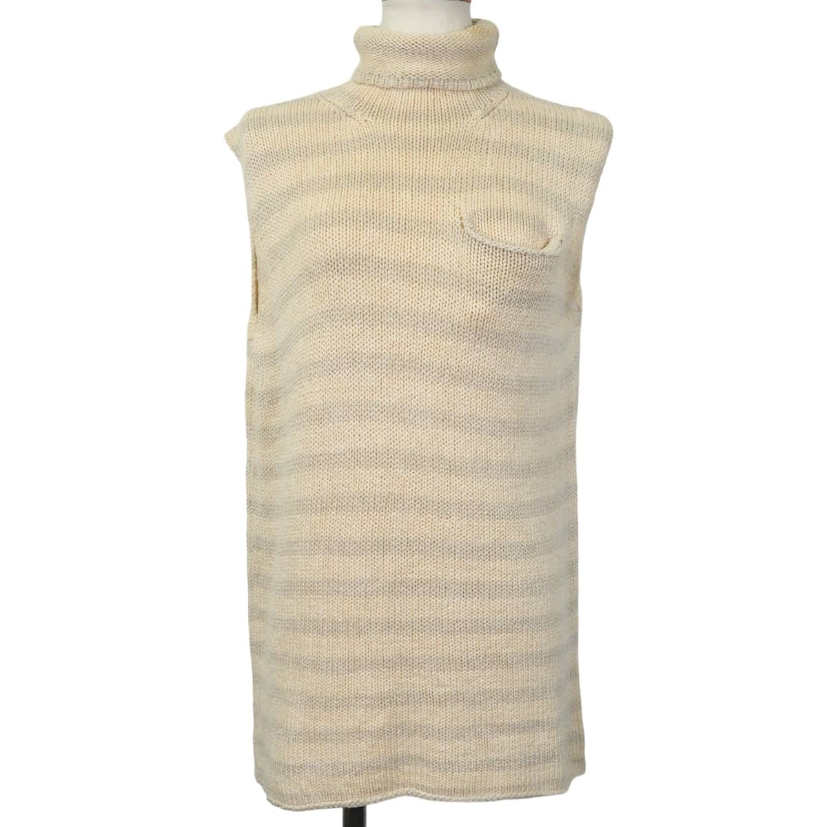 [Pre-loved] 2000SS HERMES Knit Women's Tunic, Margiela Era, Turtleneck, Striped, Chunky , with Pockets Ivory/Grey Silk100%/Nylon #M[USED SA][Authentic]