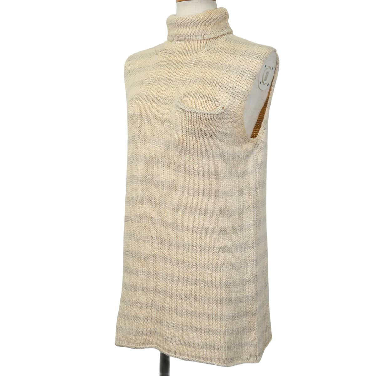 [Pre-loved] 2000SS HERMES Knit Women's Tunic, Margiela Era, Turtleneck, Striped, Chunky , with Pockets Ivory/Grey Silk100%/Nylon #M[USED SA][Authentic]