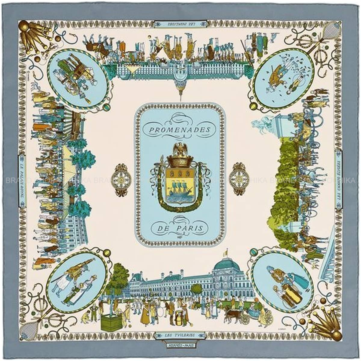 2020AW HERMES scarf Carre 70 Promenades de ParisGris/Cream/Blue Silk100% H981350S 03[EXCELLENT][Authentic]