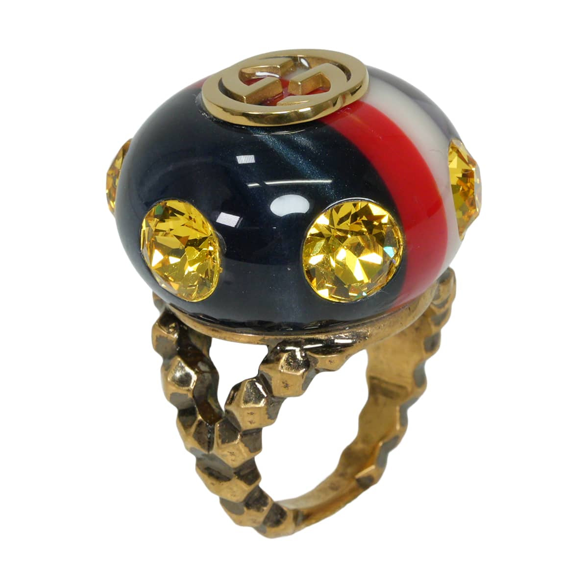 [Pre-loved] GUCCI ring Vintage Webring Rhinestone Interlocking G Multicolor crystal #51 Antique Mat Gold HW 307431[LIKE NEW][Authentic]