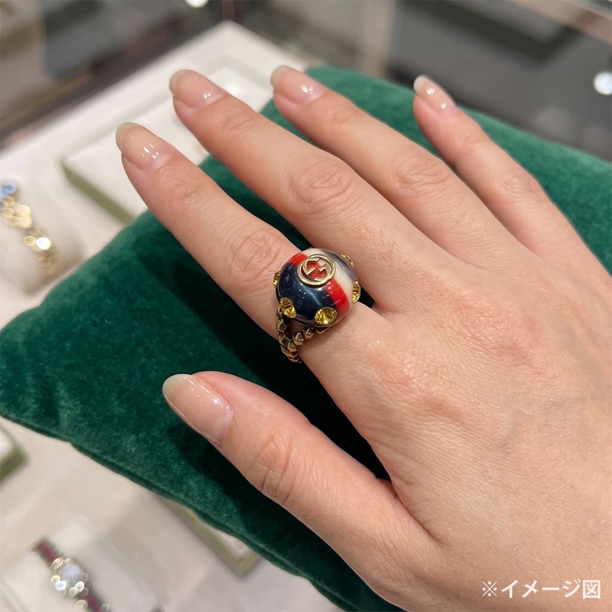 [Pre-loved] GUCCI ring Vintage Webring Rhinestone Interlocking G Multicolor crystal #51 Antique Mat Gold HW 307431[LIKE NEW][Authentic]