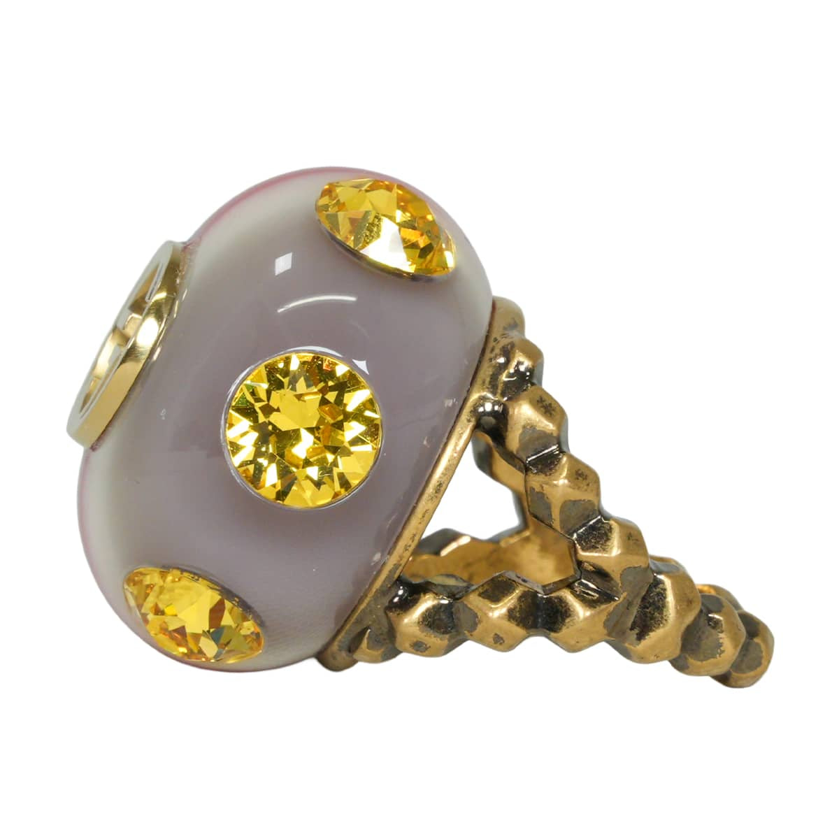 [Pre-loved] GUCCI ring Vintage Webring Rhinestone Interlocking G Multicolor crystal #51 Antique Mat Gold HW 307431[LIKE NEW][Authentic]