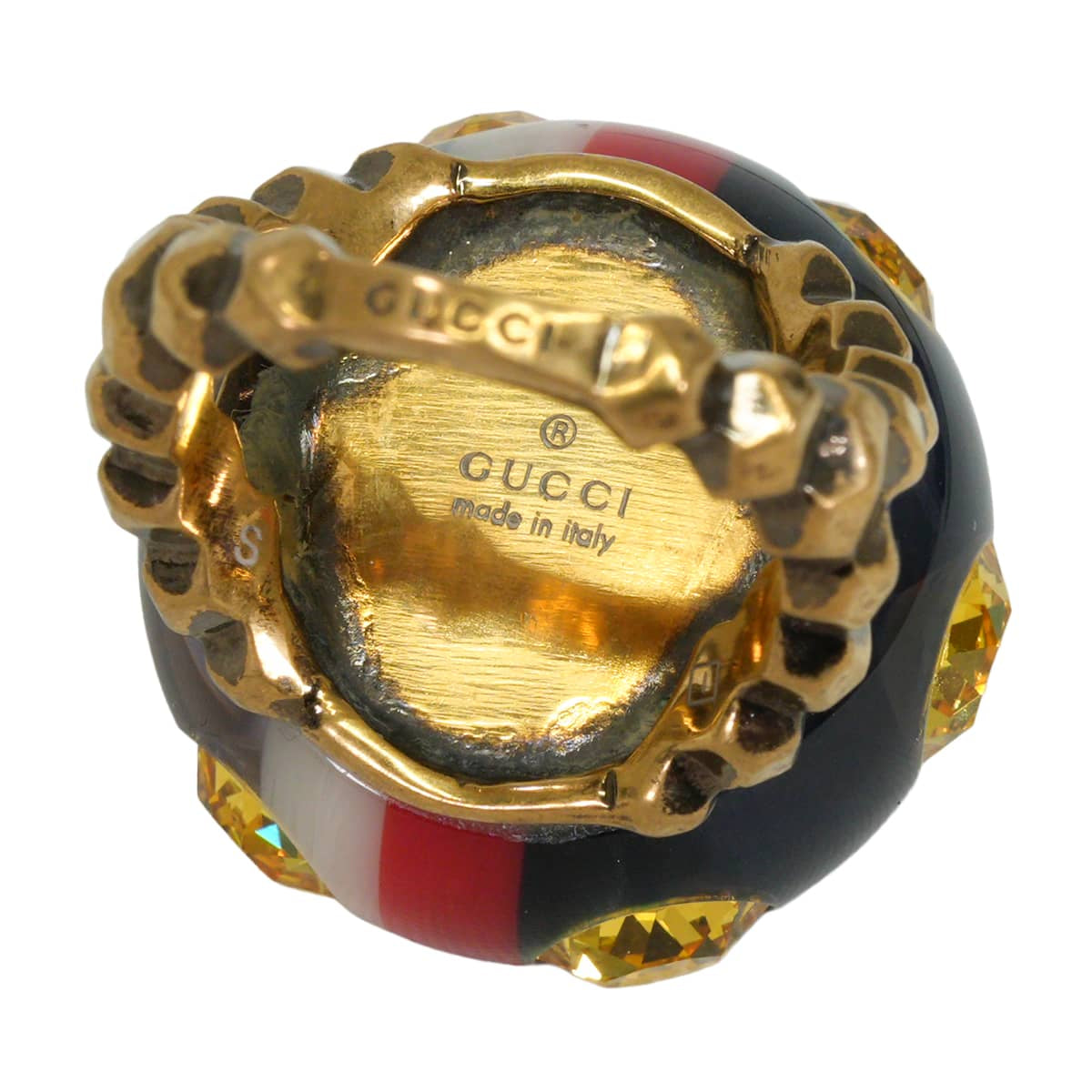 [Pre-loved] GUCCI ring Vintage Webring Rhinestone Interlocking G Multicolor crystal #51 Antique Mat Gold HW 307431[LIKE NEW][Authentic]