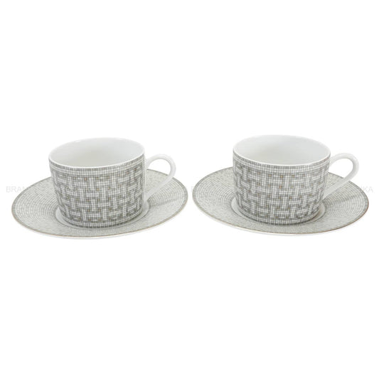 HERMES tableware mug cup Tea cups and saucers 2SET Mosaique au 24Platinum Porcelain[BRAND NEW][Authentic]