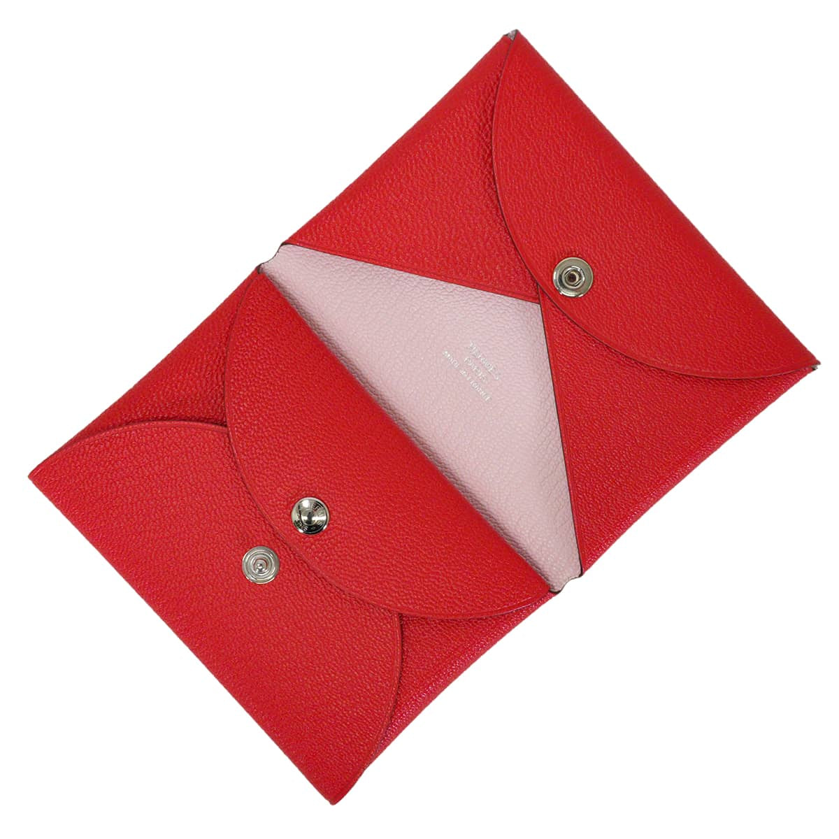 HERMES card holder Calvi Duo Verso Rouge de Coeur/Rose Darling Chevre Mysore Silver HW Stamp W[EXCELLENT][Authentic]