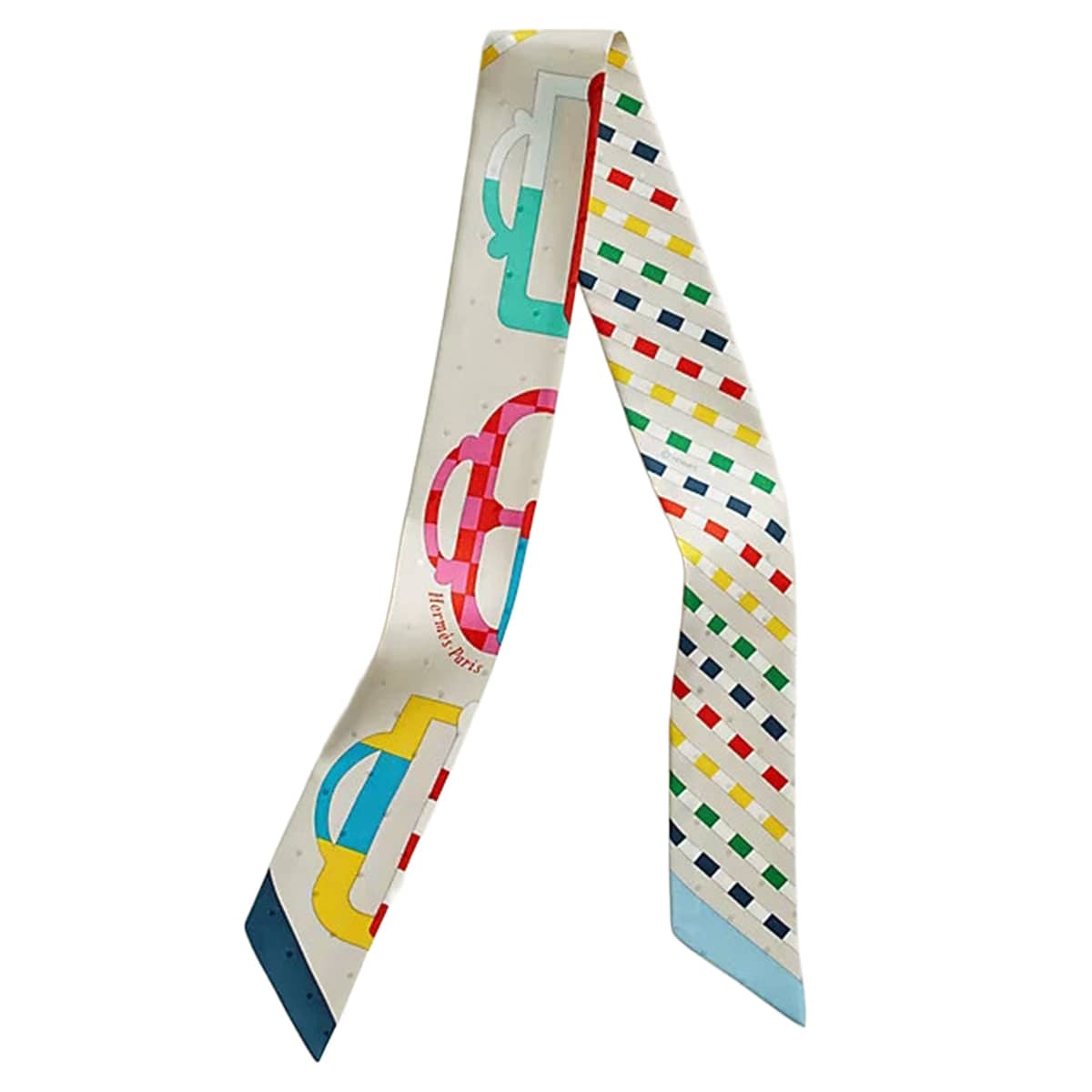 2023AW HERMES scarf Twilly Plumetis Bouclerie Moderne Craie/Blue/Rouge Silk100% H063351S 07[EXCELLENT][Authentic]