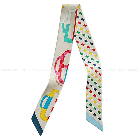 2023AW HERMES scarf Twilly Plumetis Bouclerie Moderne Craie/Blue/Rouge Silk100% H063351S 07[EXCELLENT][Authentic]