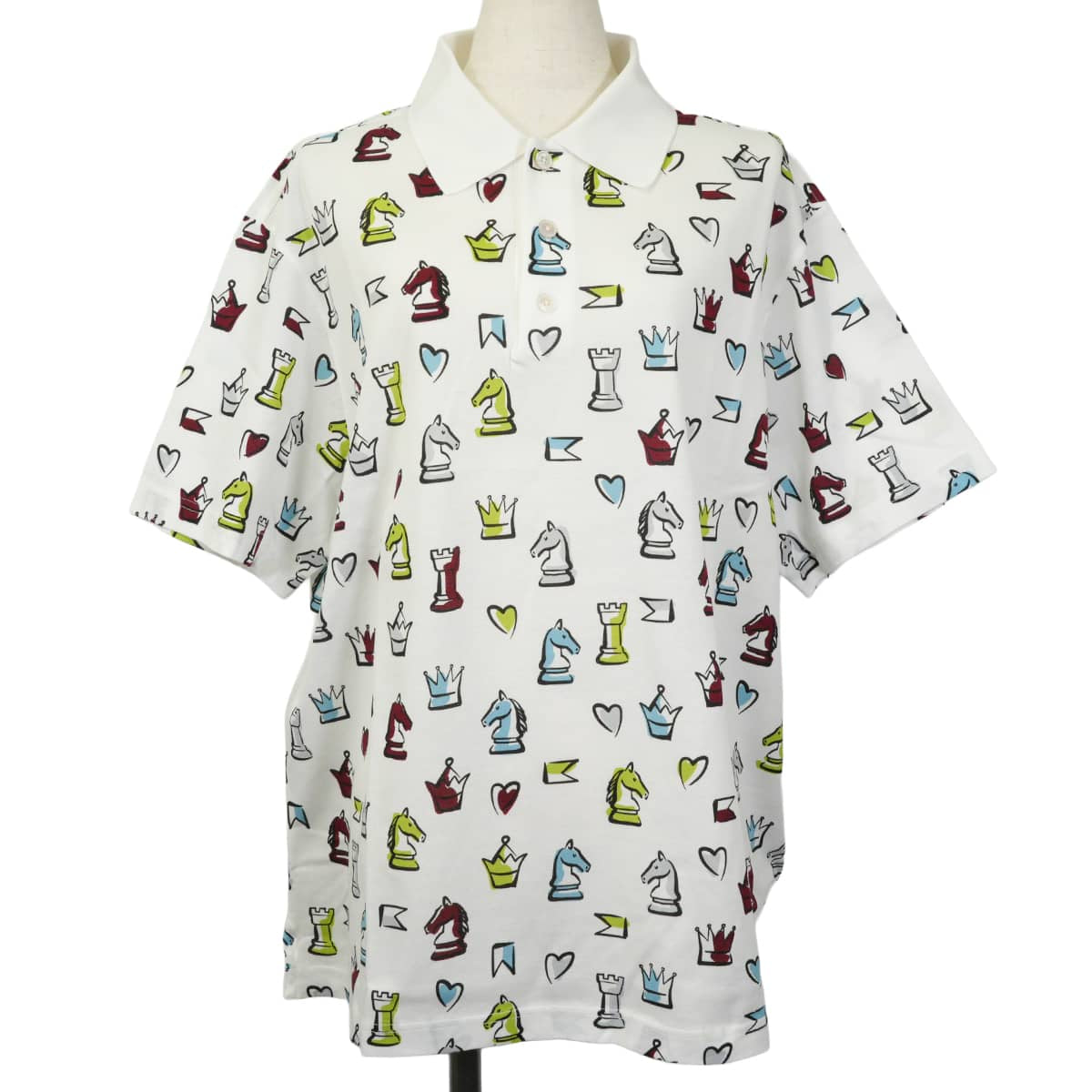 2022SS HERMES Polo shirt Men's Short-Sleeved Chess Print Blanc (White)/Multicolor Cotton100% #XL[EXCELLENT][Authentic]