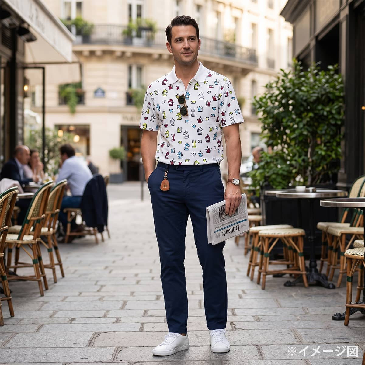 2022SS HERMES Polo shirt Men's Short-Sleeved Chess Print Blanc (White)/Multicolor Cotton100% #XL[EXCELLENT][Authentic]