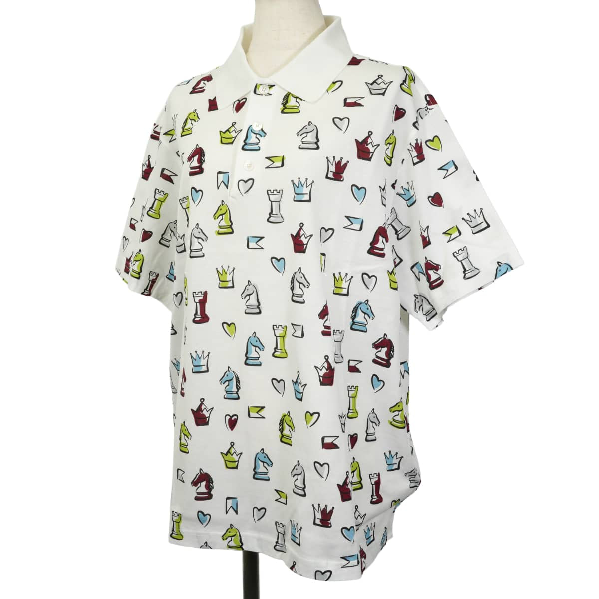 2022SS HERMES Polo shirt Men's Short-Sleeved Chess Print Blanc (White)/Multicolor Cotton100% #XL[EXCELLENT][Authentic]