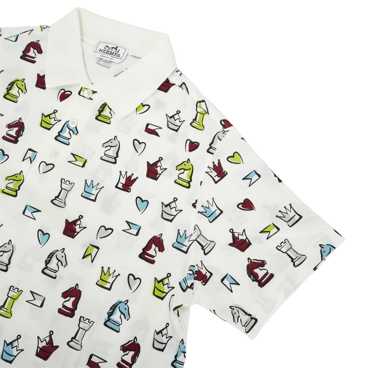 2022SS HERMES Polo shirt Men's Short-Sleeved Chess Print Blanc (White)/Multicolor Cotton100% #XL[EXCELLENT][Authentic]