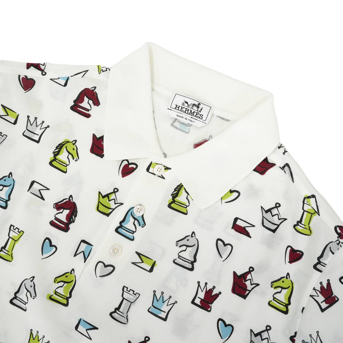 2022SS HERMES Polo shirt Men's Short-Sleeved Chess Print Blanc (White)/Multicolor Cotton100% #XL[EXCELLENT][Authentic]