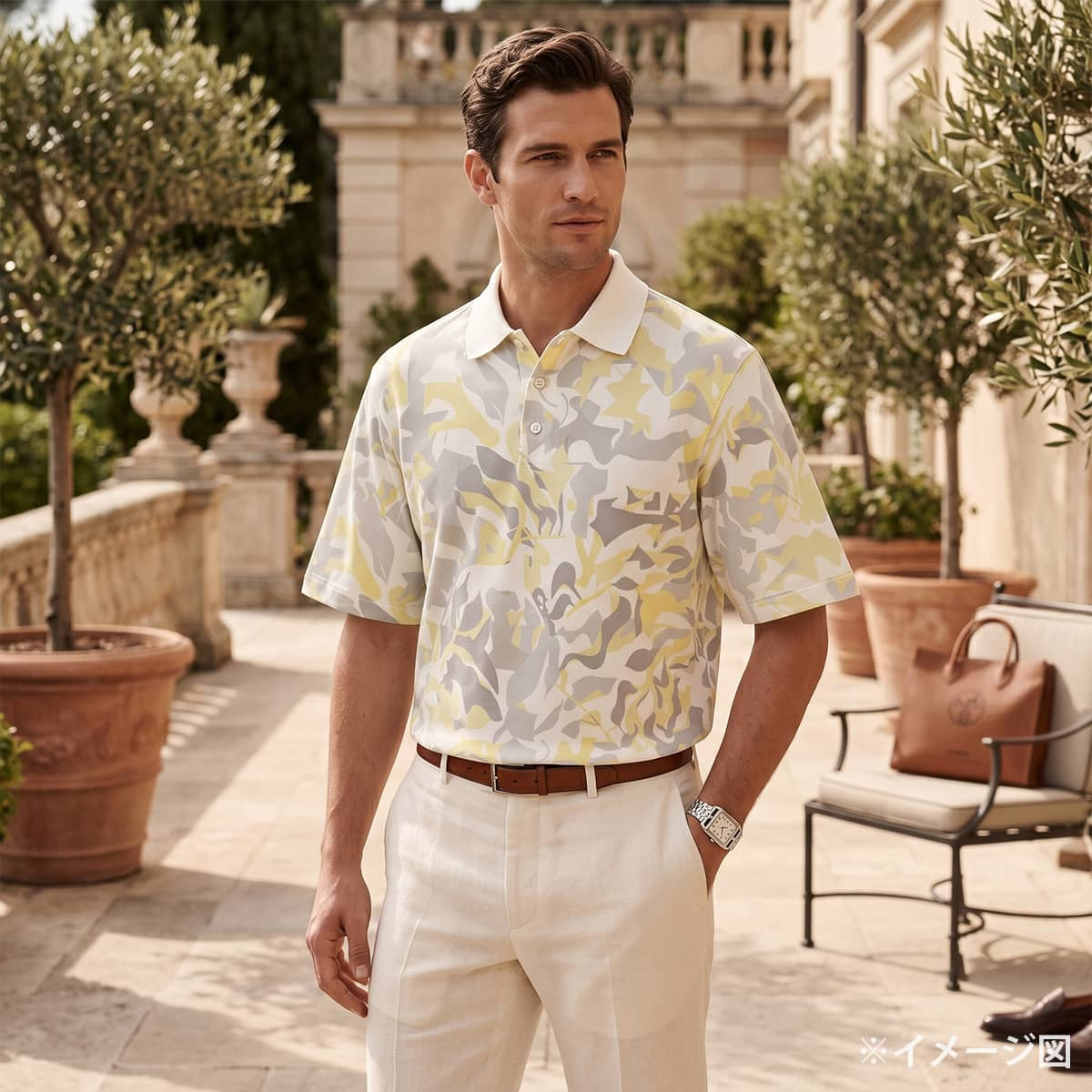 2023SS HERMES Polo shirt Men's Short-Sleeve PUZZLE VEGETAL Blanc (White)/Grey/Yellow Cotton100% #M[EXCELLENT][Authentic]