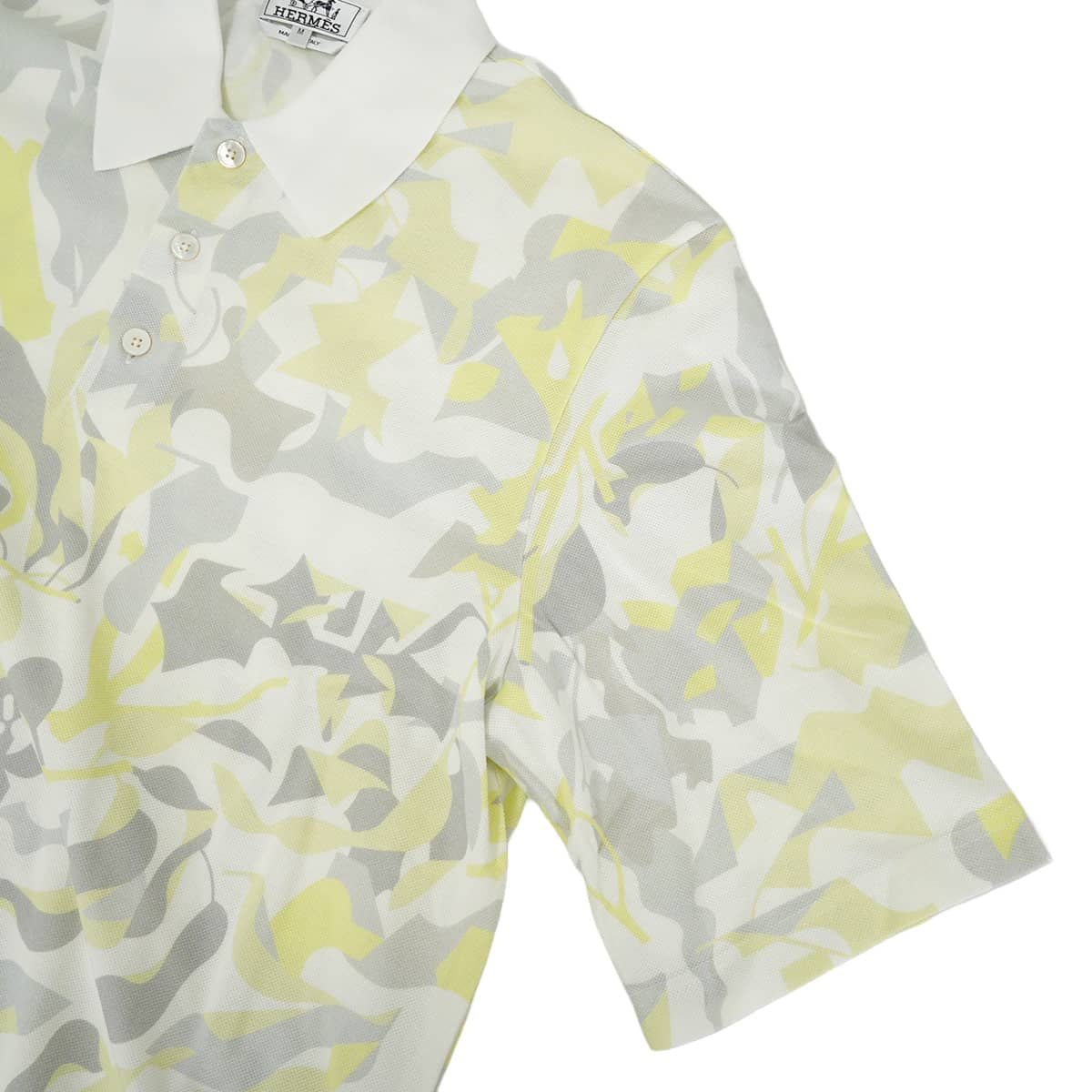 2023SS HERMES Polo shirt Men's Short-Sleeve PUZZLE VEGETAL Blanc (White)/Grey/Yellow Cotton100% #M[EXCELLENT][Authentic]