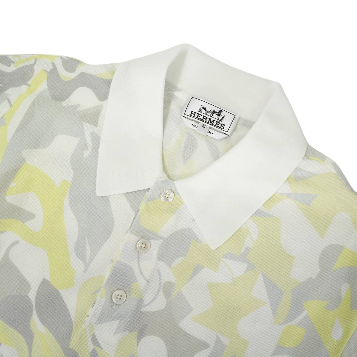 2023SS HERMES Polo shirt Men's Short-Sleeve PUZZLE VEGETAL Blanc (White)/Grey/Yellow Cotton100% #M[EXCELLENT][Authentic]