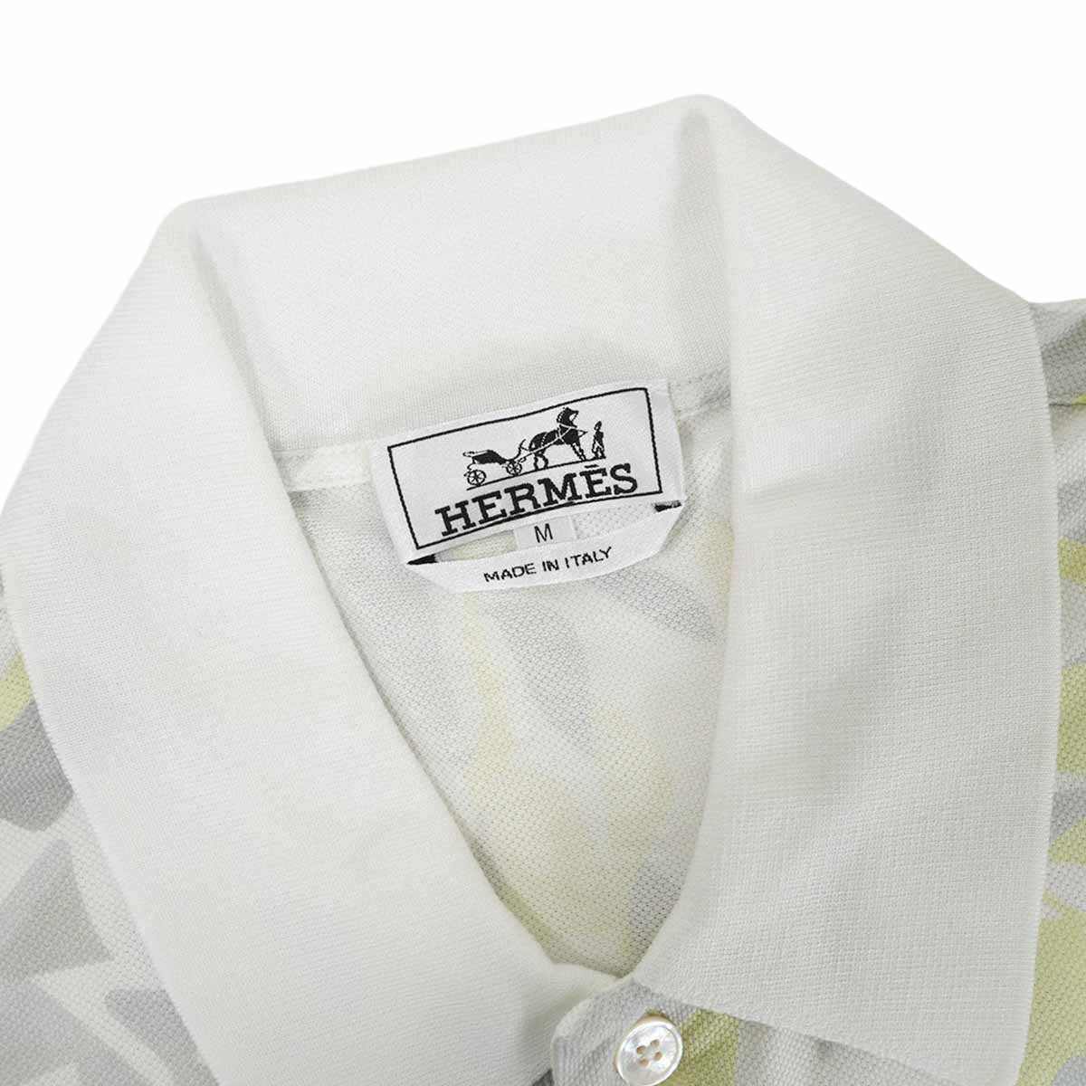 2023SS HERMES Polo shirt Men's Short-Sleeve PUZZLE VEGETAL Blanc (White)/Grey/Yellow Cotton100% #M[EXCELLENT][Authentic]