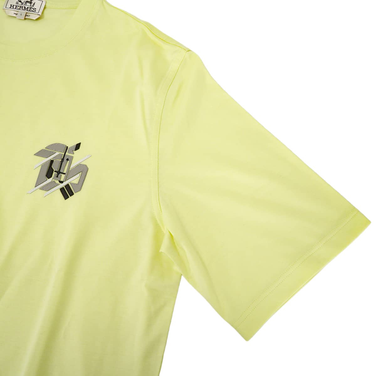 2023SS HERMES Short sleeve t shirt Men's Chevaux en Symetrie Leather PatchLime Yellow Cotton100% lambskin #L H357925[EXCELLENT][Authentic]