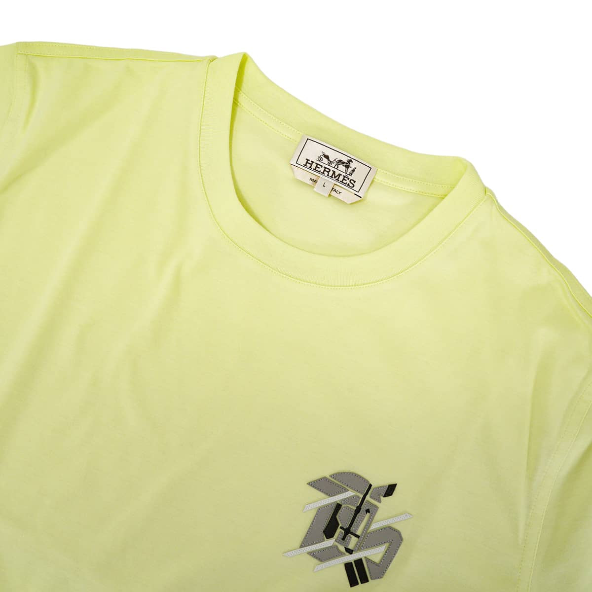 2023SS HERMES Short sleeve t shirt Men's Chevaux en Symetrie Leather PatchLime Yellow Cotton100% lambskin #L H357925[EXCELLENT][Authentic]