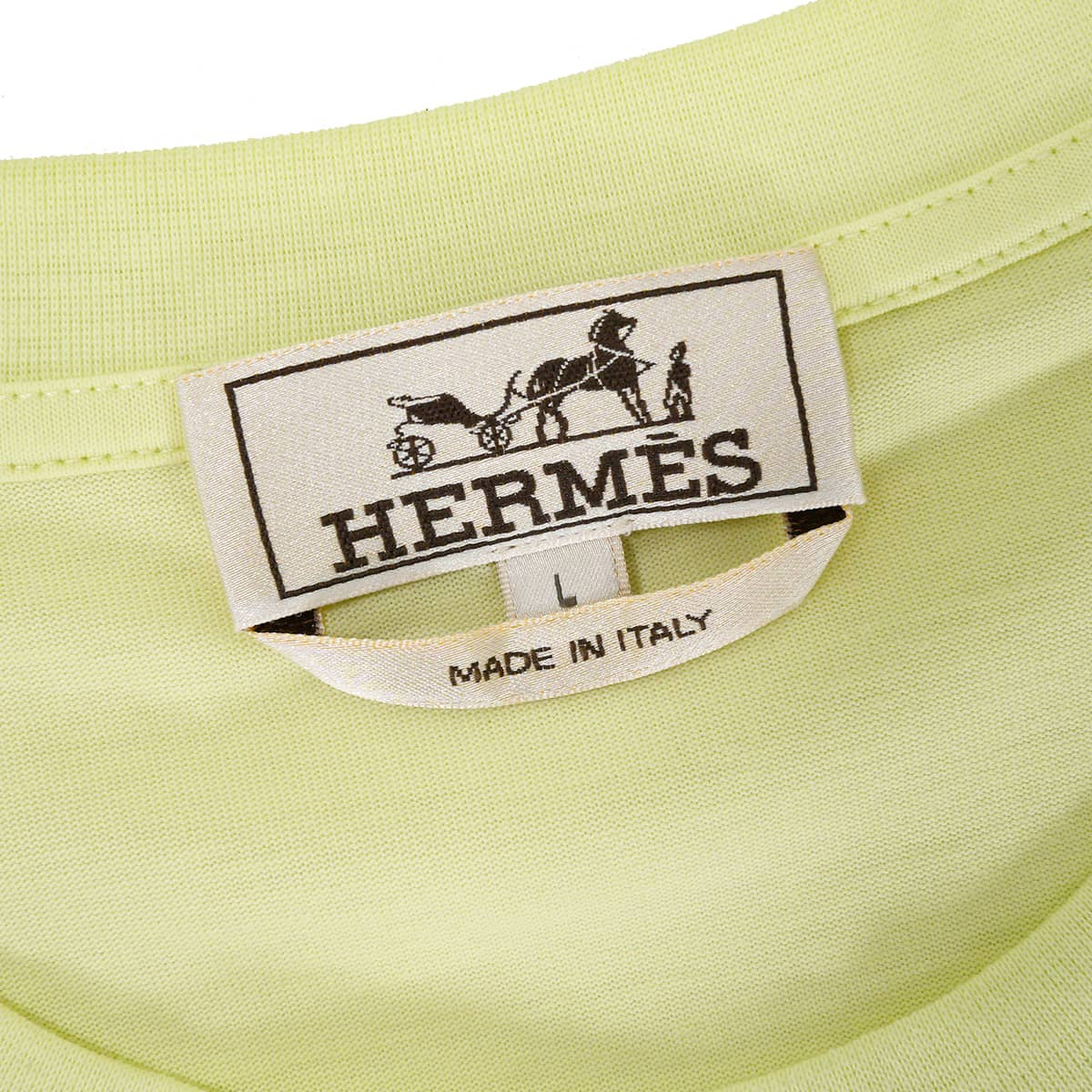 2023SS HERMES Short sleeve t shirt Men's Chevaux en Symetrie Leather PatchLime Yellow Cotton100% lambskin #L H357925[EXCELLENT][Authentic]