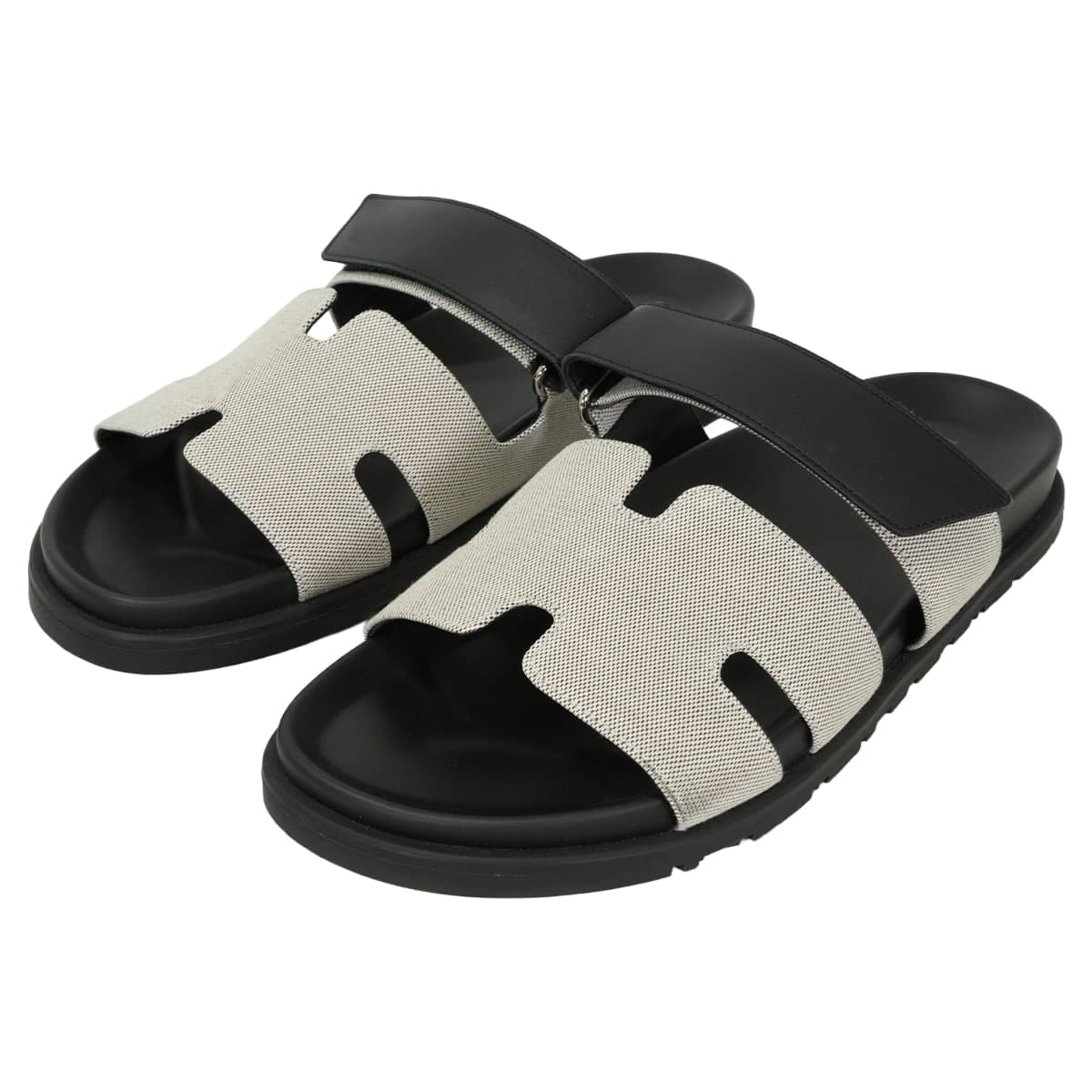 [Pre-loved] HERMES sandals Men's Chypre Prunoir/Noir (Black) Toile H calf #41 Silver HW H231819ZH[LIKE NEW][Authentic]
