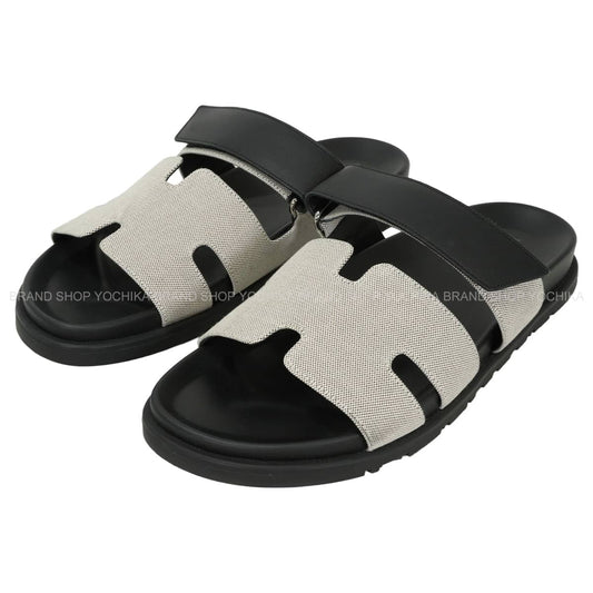 [Pre-loved] HERMES sandals Men's Chypre Prunoir/Noir (Black) Toile H calf #41 Silver HW H231819ZH[LIKE NEW][Authentic]
