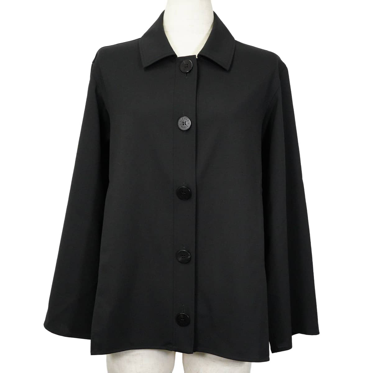 HERMES Long sleeve shirt Women's large Sellier buttons Noir (Black) Virgin Wool #40[EXCELLENT][Authentic]