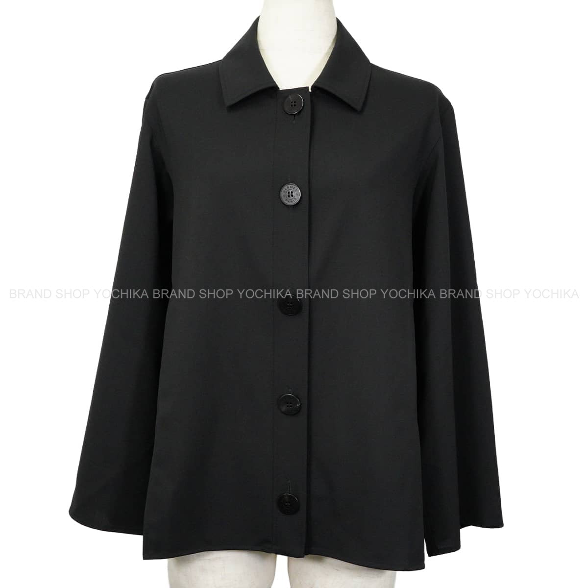 HERMES Long sleeve shirt Women's large Sellier buttons Noir (Black) Virgin Wool #40[EXCELLENT][Authentic]