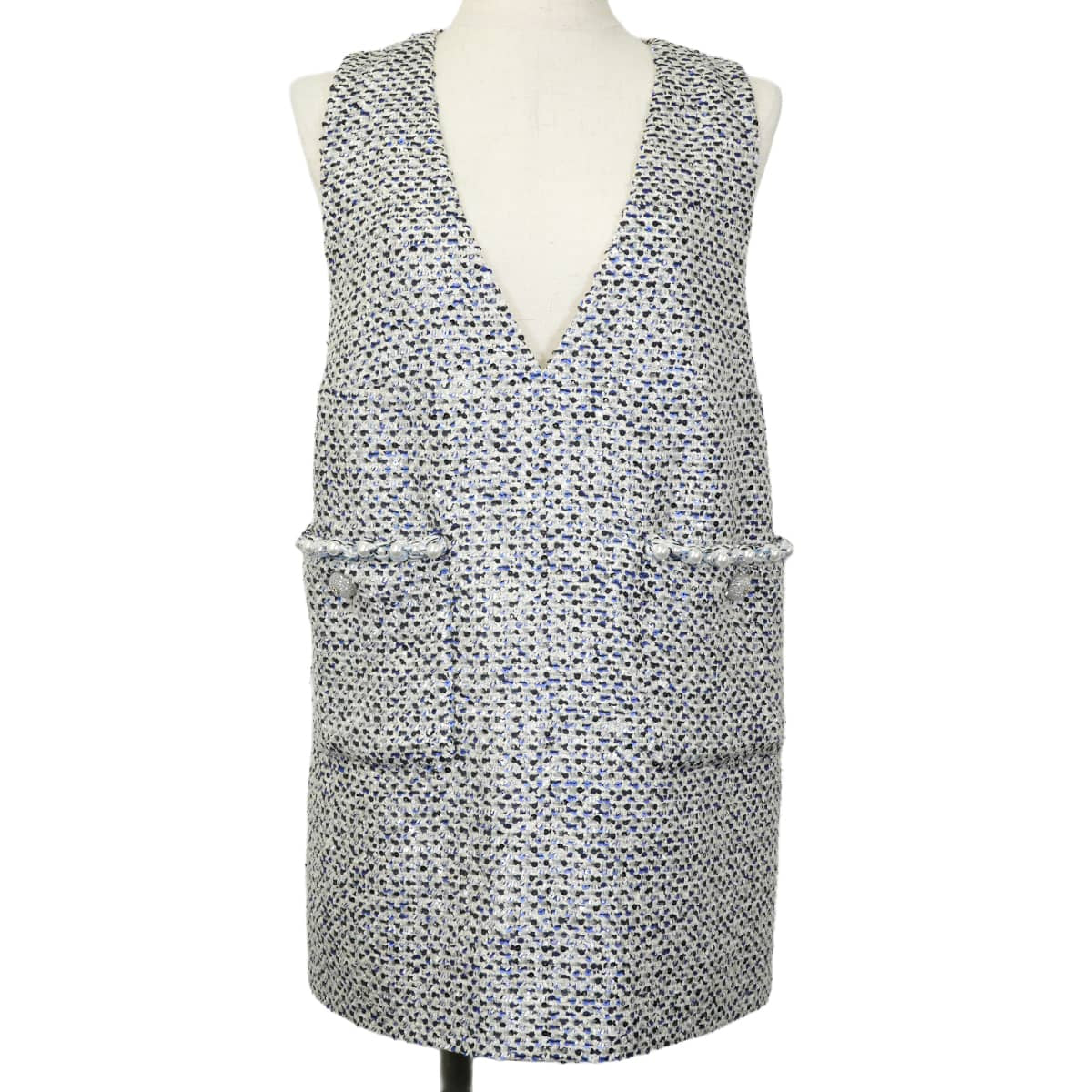[Pre-loved] 2025SS CHANEL Tunic Dress V-neck Pearl pockets Clover COCO Buttons Noir (Black)/Blanc (White)/Blue Tweed/Sequins #38 Silver HW P78986[LIKE NEW][Authentic]