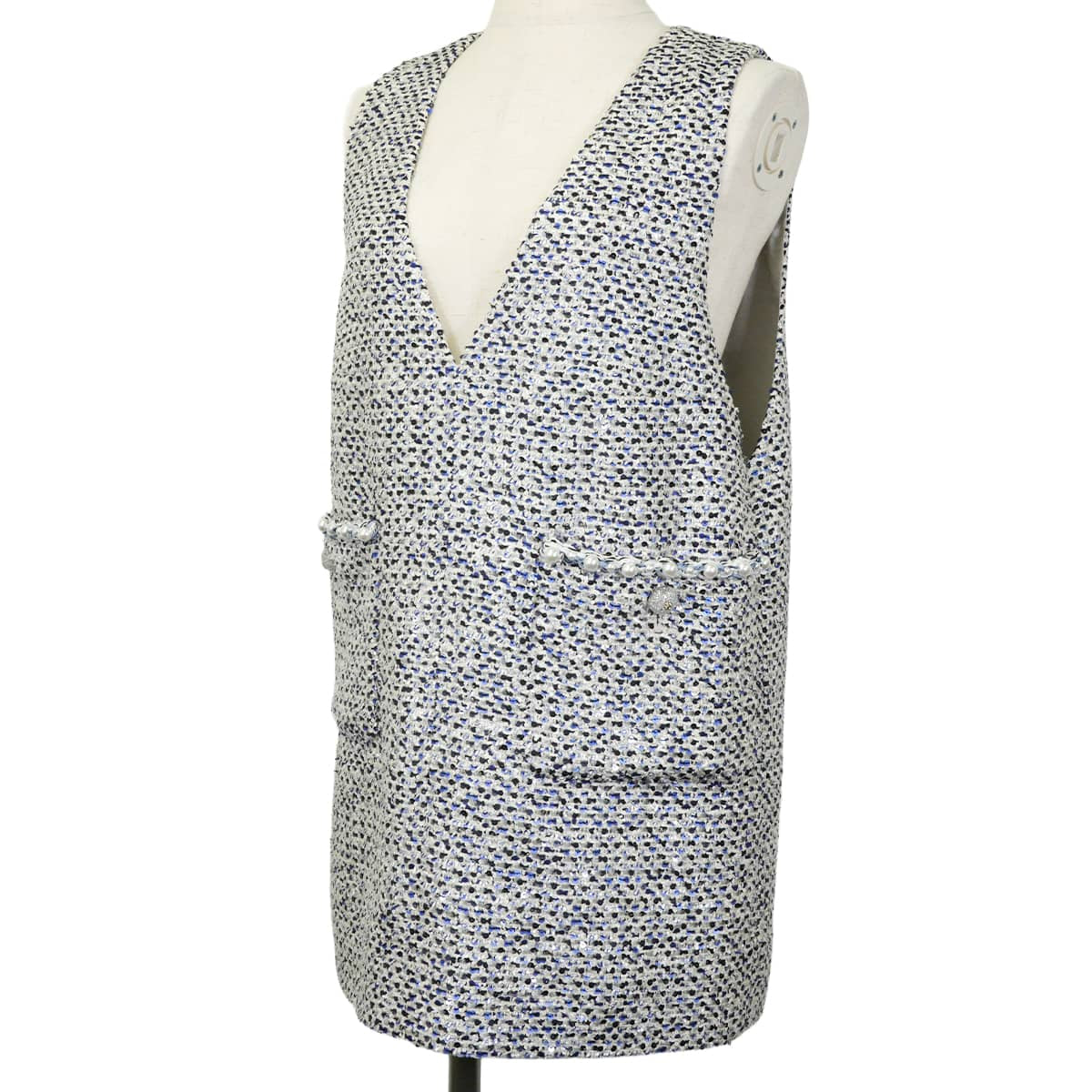 [Pre-loved] 2025SS CHANEL Tunic Dress V-neck Pearl pockets Clover COCO Buttons Noir (Black)/Blanc (White)/Blue Tweed/Sequins #38 Silver HW P78986[LIKE NEW][Authentic]