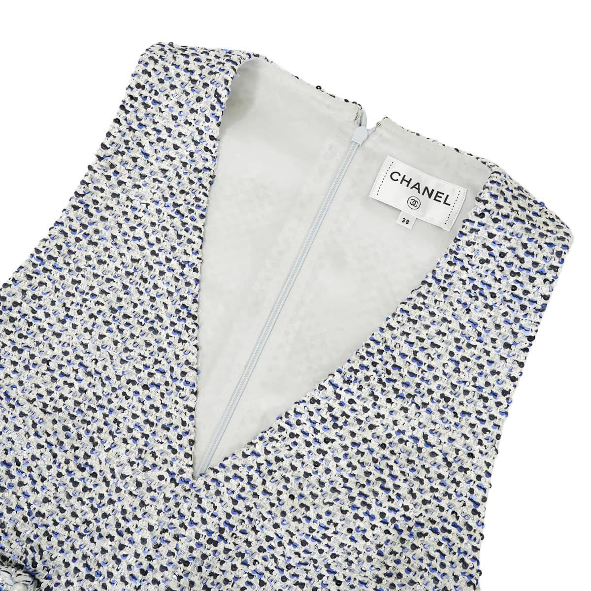 [Pre-loved] 2025SS CHANEL Tunic Dress V-neck Pearl pockets Clover COCO Buttons Noir (Black)/Blanc (White)/Blue Tweed/Sequins #38 Silver HW P78986[LIKE NEW][Authentic]