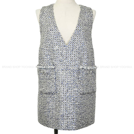 [Pre-loved] 2025SS CHANEL Tunic Dress V-neck Pearl pockets Clover COCO Buttons Noir (Black)/Blanc (White)/Blue Tweed/Sequins #38 Silver HW P78986[LIKE NEW][Authentic]